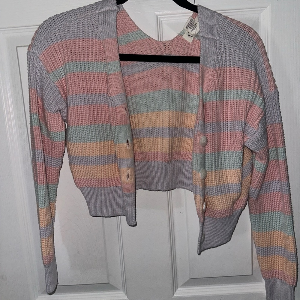 Jessica Simpson Pink and Green Striped Cardigan Sweater